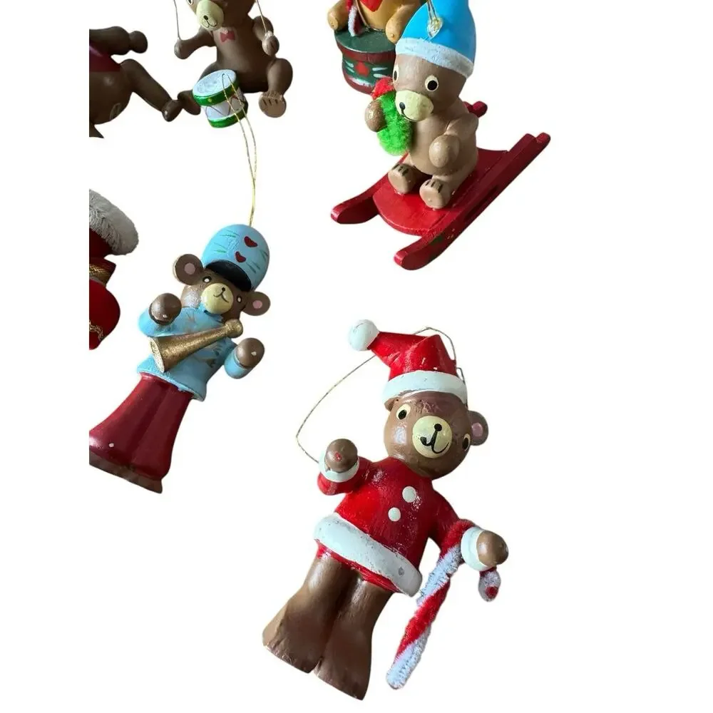 Vintage Wood Christmas Holiday Ornaments Lot Bears Santa Japan‎ Taiwan Drum READ